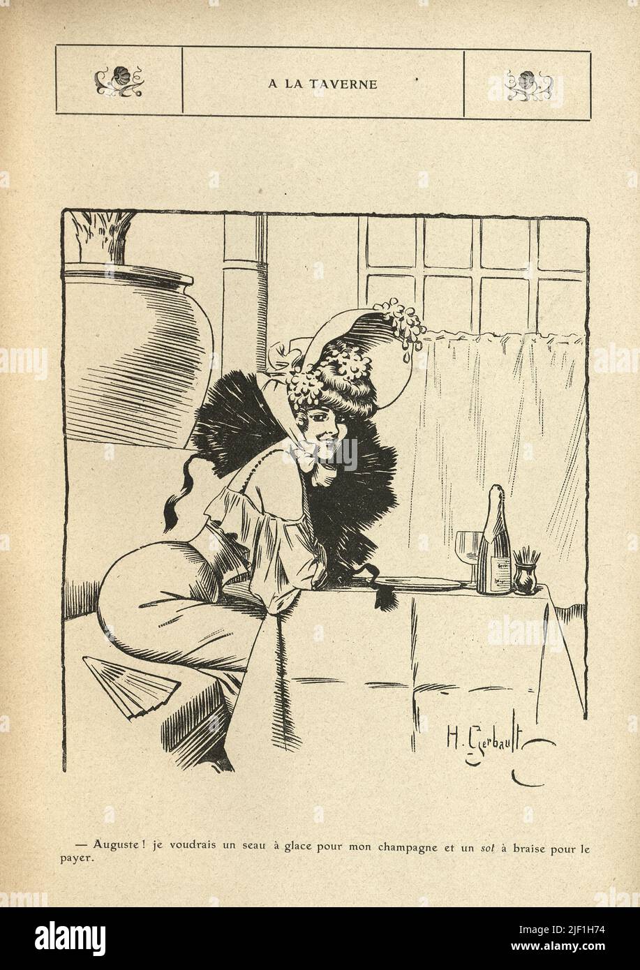 Vintage French cartoon by Henry Gerbault, 1900s. Beautiful young woman waiting in a restaurant with a bottle of champagne Stock Photo