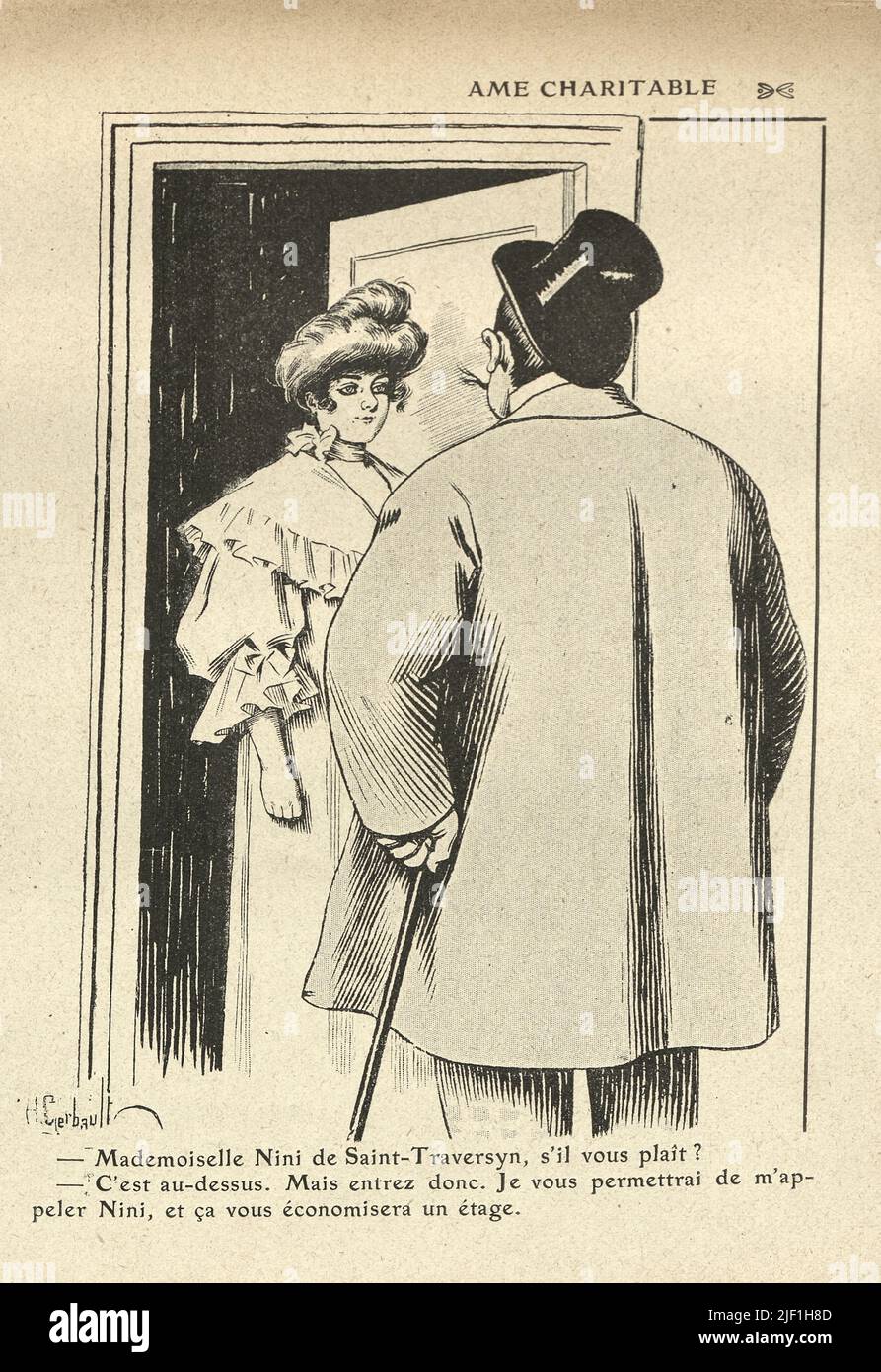 Vintage French cartoon by Henry Gerbault, 1900s. Âme Charitable, Man knocking on beatiful womans door Stock Photo