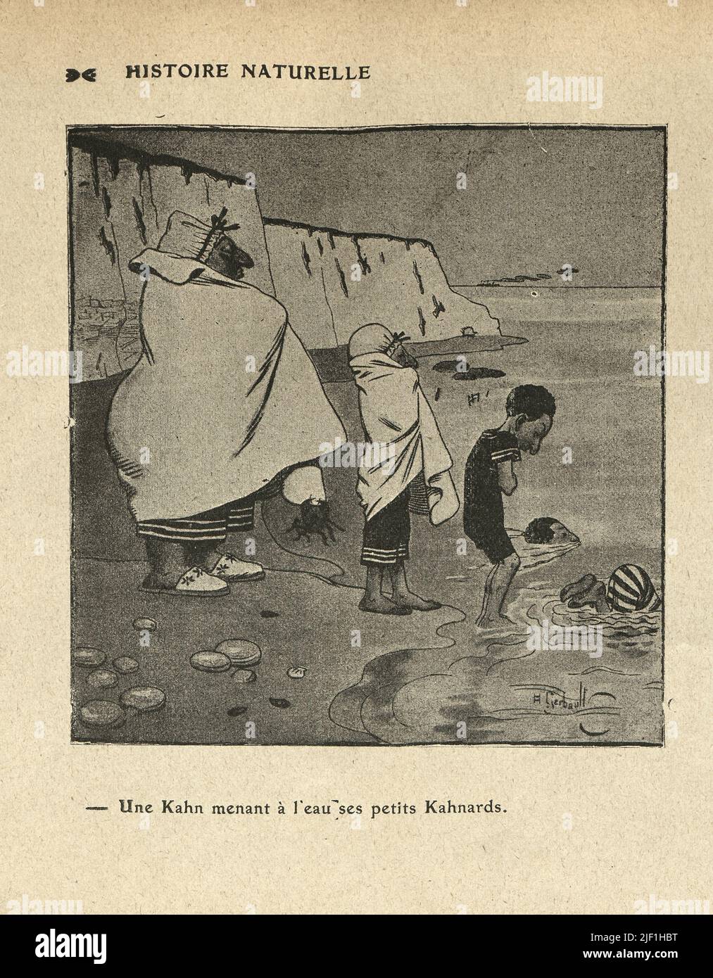 Vintage French cartoon by Henry Gerbault, 1900s. Histoire naturelle.  Cold day at the seaside, Une Kahn menant a l'eau ses petists Kahnards Stock Photo