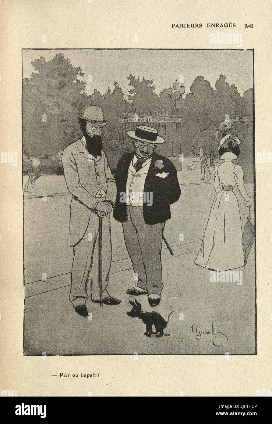 Vintage French cartoon by Henry Gerbault, 1900s, Two men betting on a dog pooing, Parieurs enragés. Pair ou impair ? Rabid bettors. Even or odd ? Stock Photo