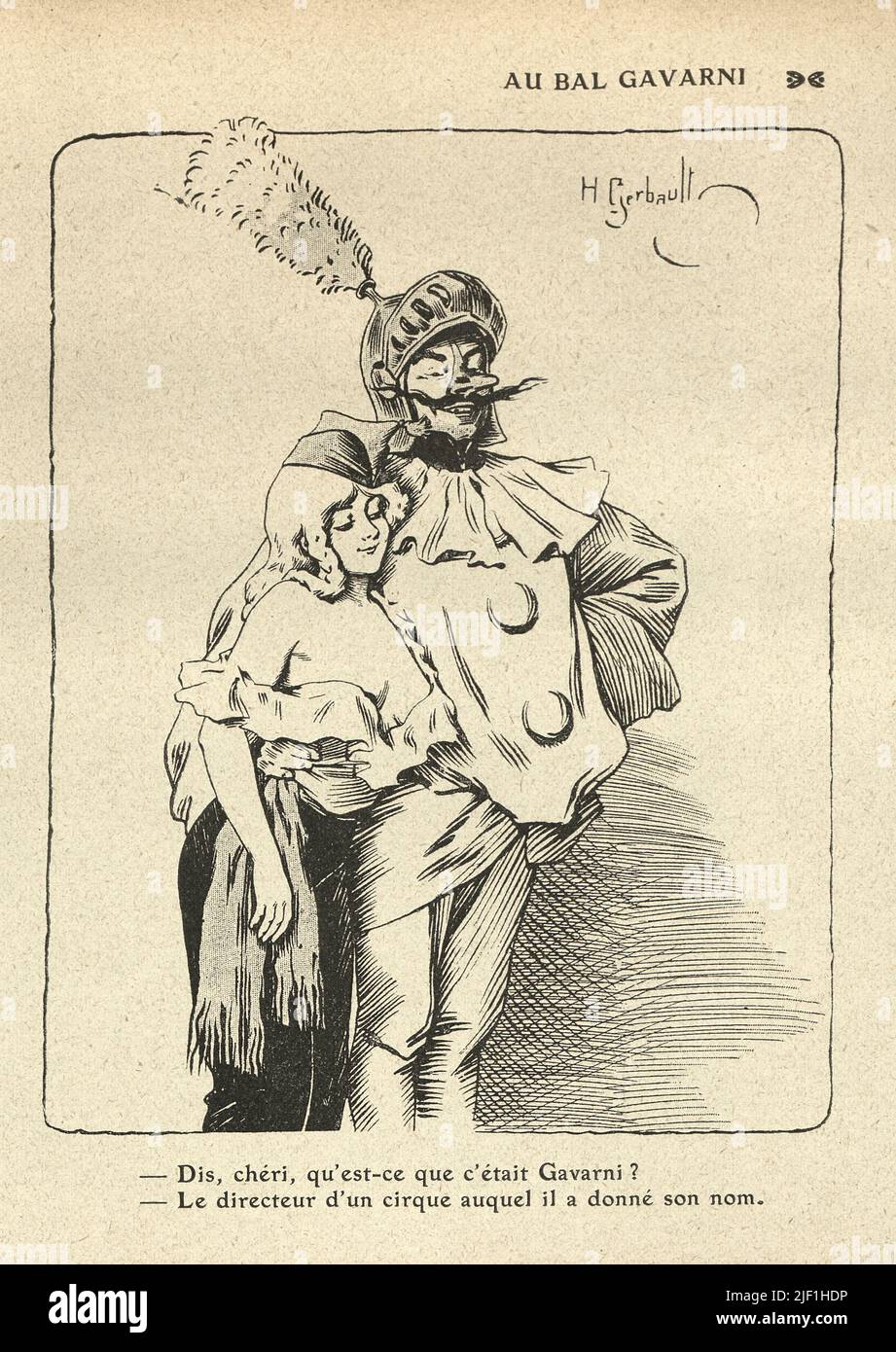 Vintage French cartoon by Henry Gerbault, 1900s.  Caricature of a couple in fancy dress, au bal Gavarni, at the Gavarni ball Stock Photo