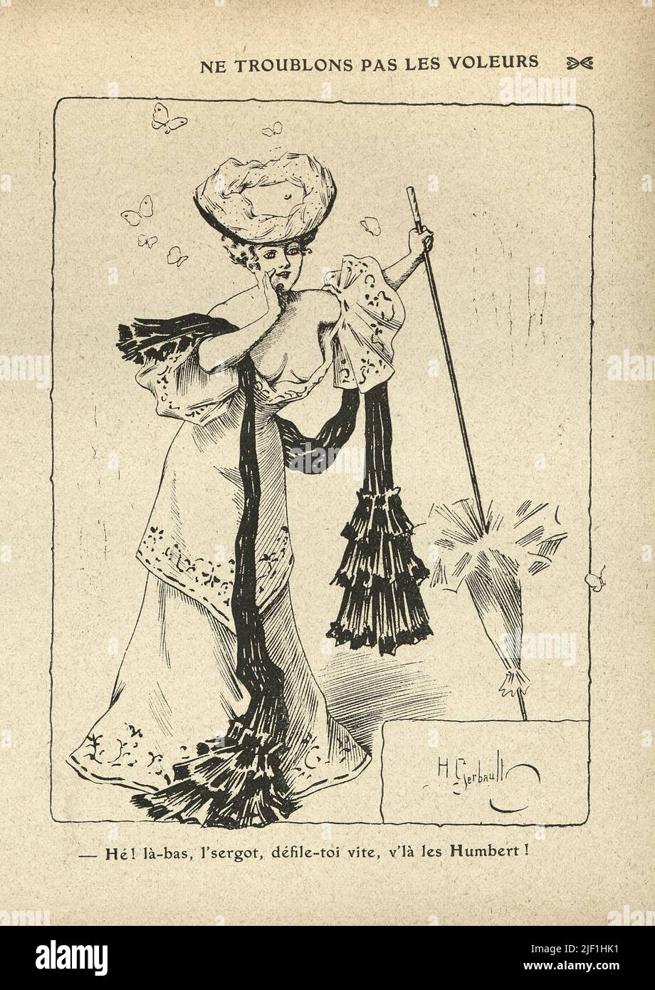 Vintage French cartoon by Henry Gerbault, 1900s.  Caricature of beautiful woman in low cut dress, Ne troublent pas les voleurs Stock Photo