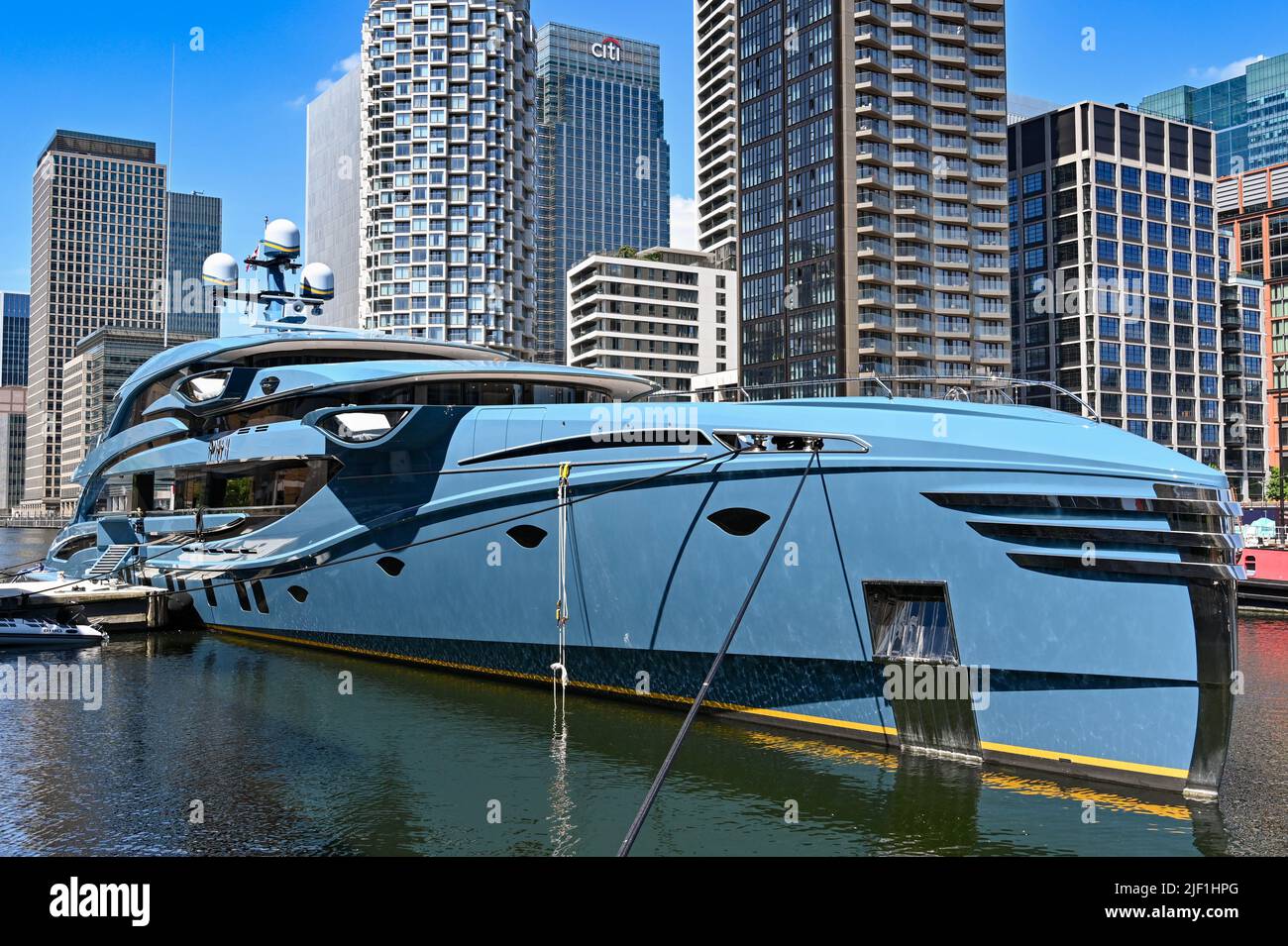London, England June 2022 Luxury super yacht Phi in Canary Wharf