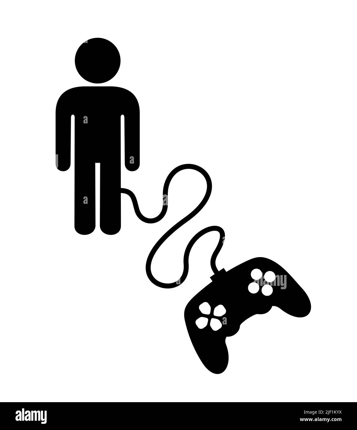 Man is manipulated and controlled by joystick and gamepad. Human as character of play, computer game and videogame. Vector illustration isolated on wh Stock Photo
