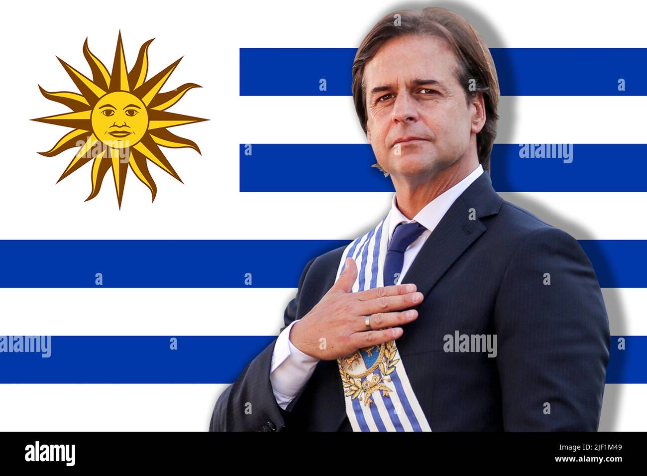 Luis Lacalle Pou and the flag of Uruguay Stock Photo