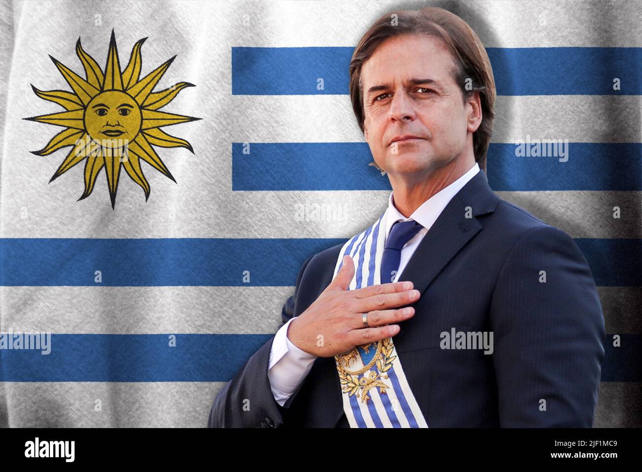 Luis Lacalle Pou and the flag of Uruguay Stock Photo