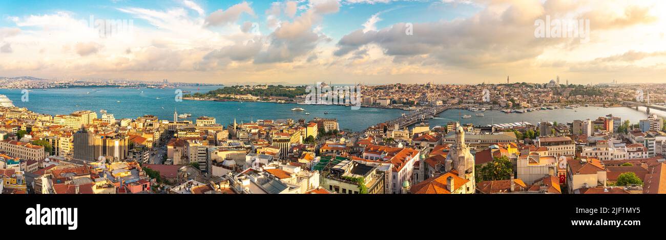 Istanbul panorama, skyline with Golden Horn strait at sunset Stock Photo