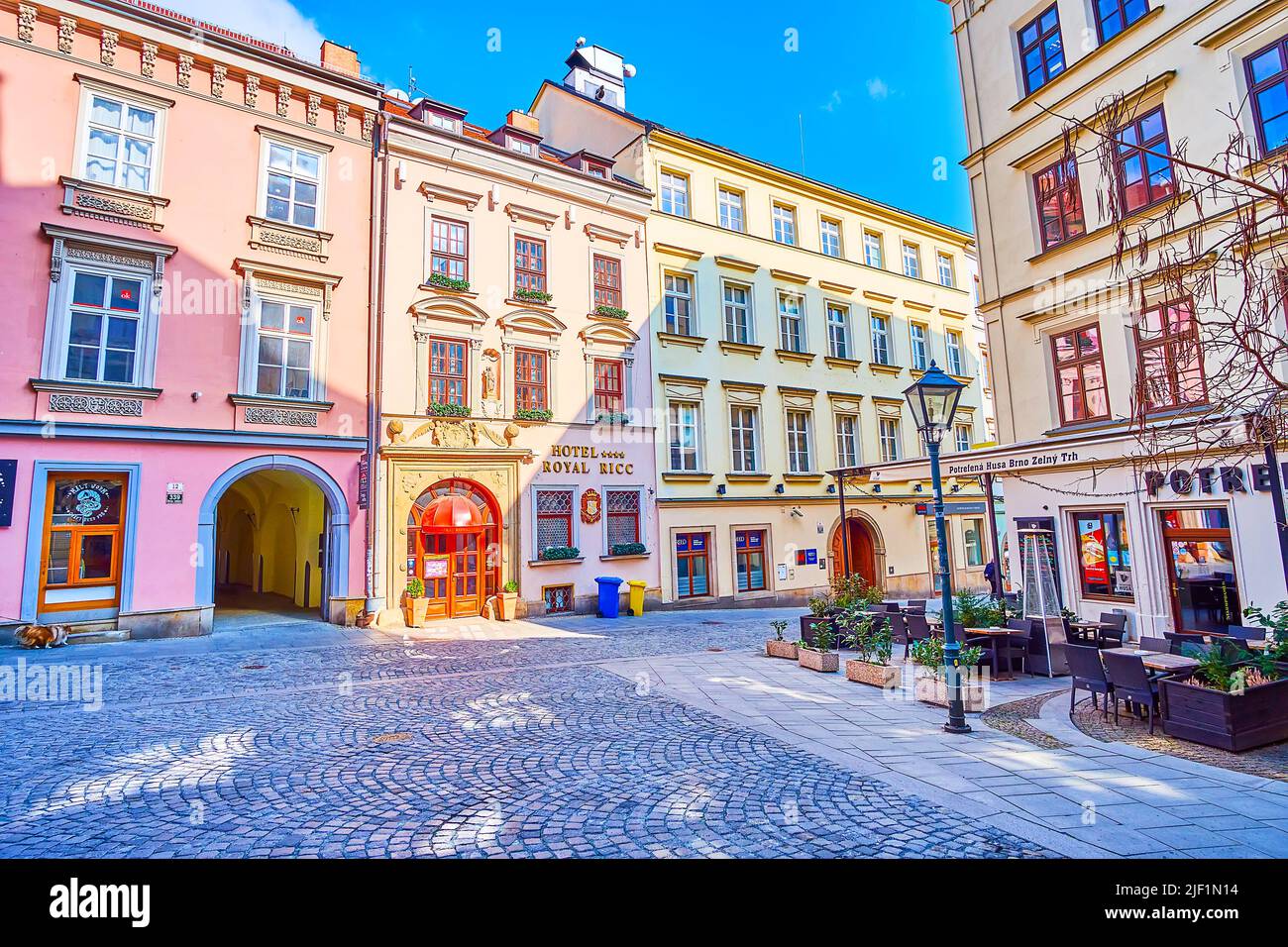 BRNO, CZECH REPUBLIC - MARCH 10, 2022: The pleasant stroll along historic neighborhood observing old facades with numerous cafes and shops, on March 1 Stock Photo