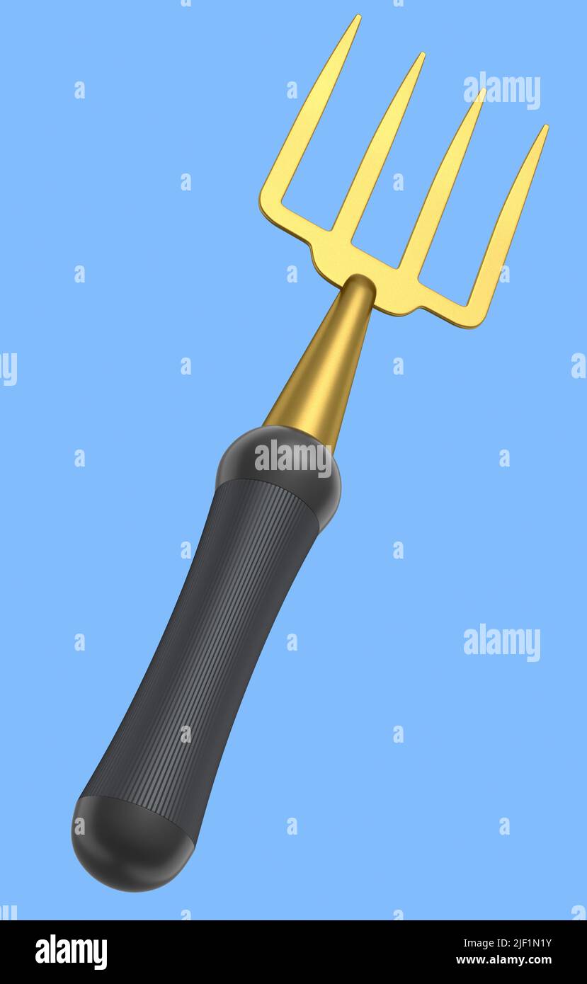 Garden pitchfork or fork with wooden handle for harvesting hay on blue