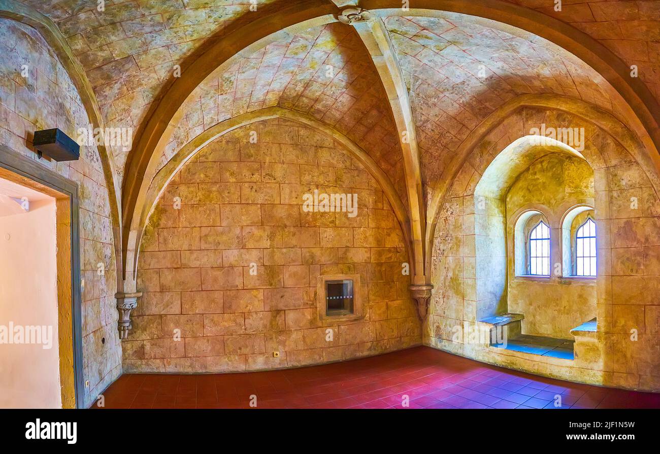 BRNO, CZECH REPUBLIC - MARCH 10, 2022: Old medieval chamber in Old Town Hall with stone walls and vault with cross shape, on March 10 in Brno, Czech R Stock Photo