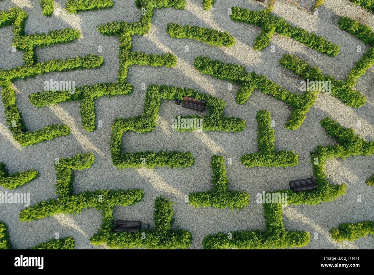 Aerial view of beautiful formal garden with maze . Stock Photo