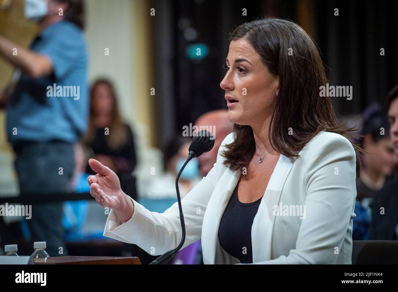 Washington, United States Of America. 28th June, 2022. Cassidy Hutchinson, an aide to former White House Chief of Staff Mark Meadows, responds to questions on day six of the United States House Select Committee to Investigate the January 6th Attack on the US Capitol hearing on Capitol Hill in Washington, DC on June 28, 2022. Credit: Rod Lamkey/CNP/Sipa USA Credit: Sipa USA/Alamy Live News Stock Photo