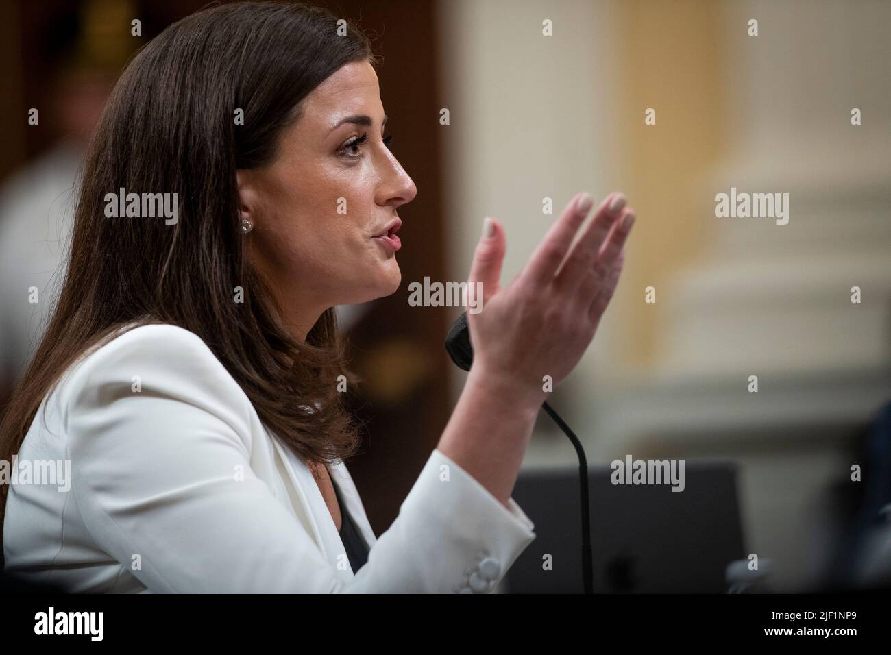 Washington, United States Of America. 28th June, 2022. Cassidy Hutchinson, an aide to former White House Chief of Staff Mark Meadows, responds to questions on day six of the United States House Select Committee to Investigate the January 6th Attack on the US Capitol hearing on Capitol Hill in Washington, DC on June 28, 2022. Credit: Rod Lamkey/CNP/Sipa USA Credit: Sipa USA/Alamy Live News Stock Photo