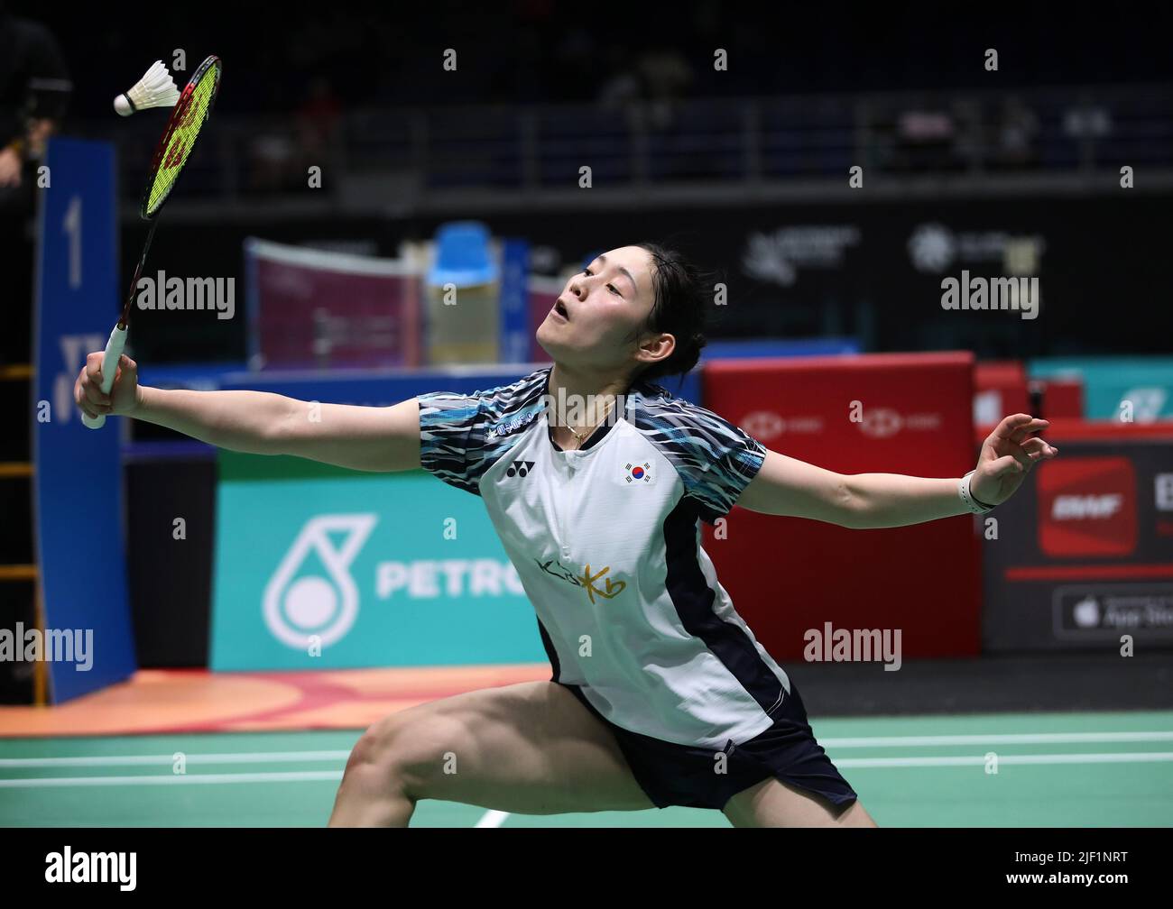 Sim Yu Jin of Korea competes against Ratchanok Intanon of Thailand during the Womens Single round one match of the Petronas Malaysia Open 2022 at Axiata Arena, Bukit Jalil