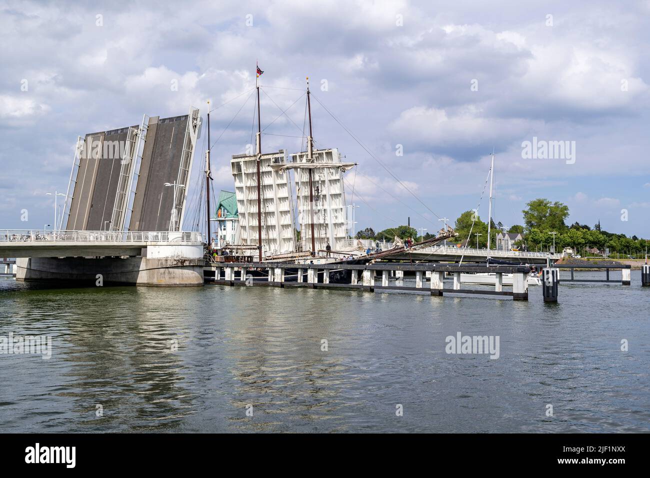 opened bascule bridge over the river Schlei in Kappeln, Germany Stock Photo