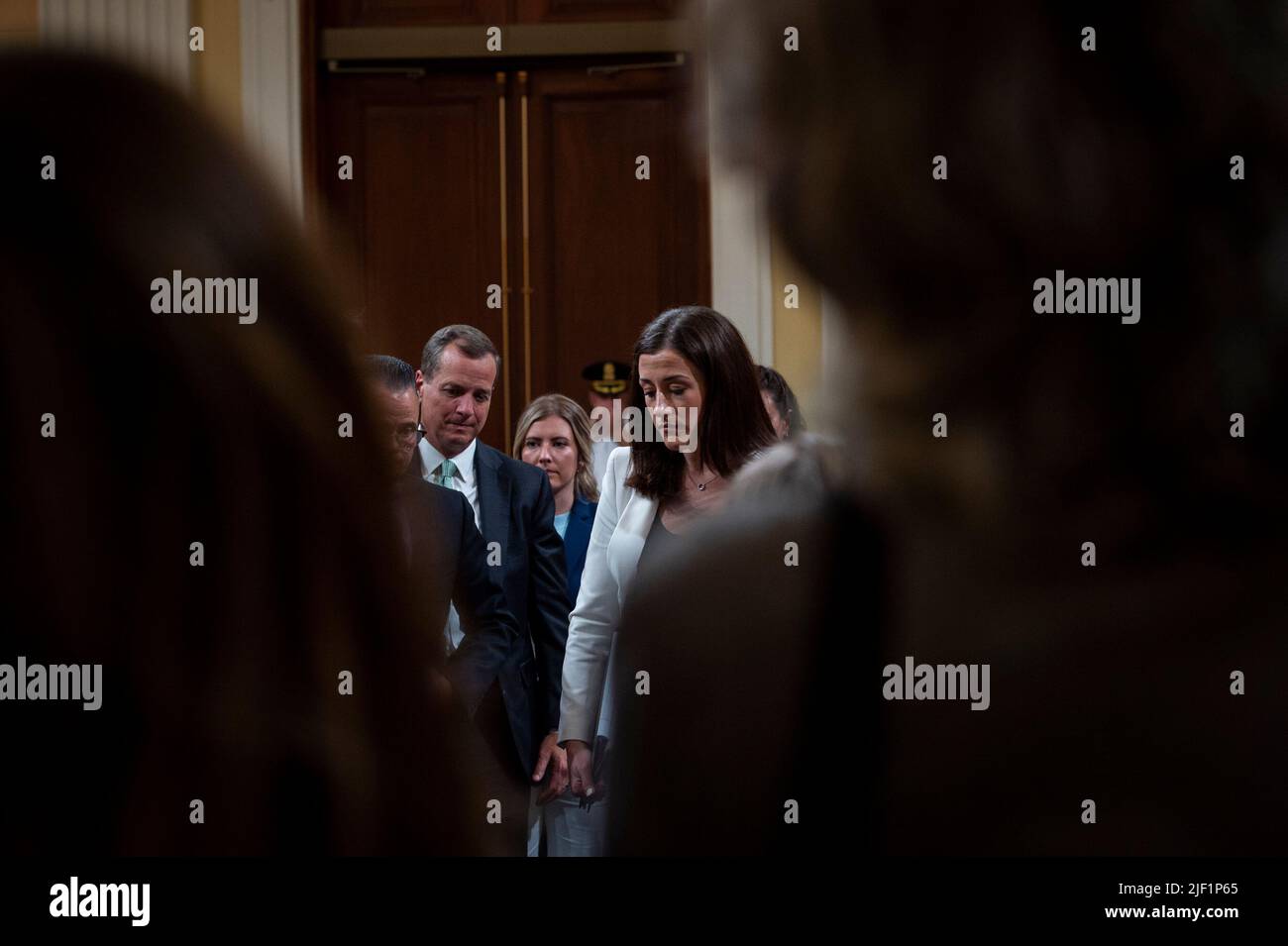 Cassidy Hutchinson, an aide to former White House Chief of Staff Mark Meadows, makes her departure following day six of the United States House Select Committee to Investigate the January 6th Attack on the US Capitol hearing on Capitol Hill in Washington, DC on June 28, 2022. Credit: Rod Lamkey/CNP Stock Photo