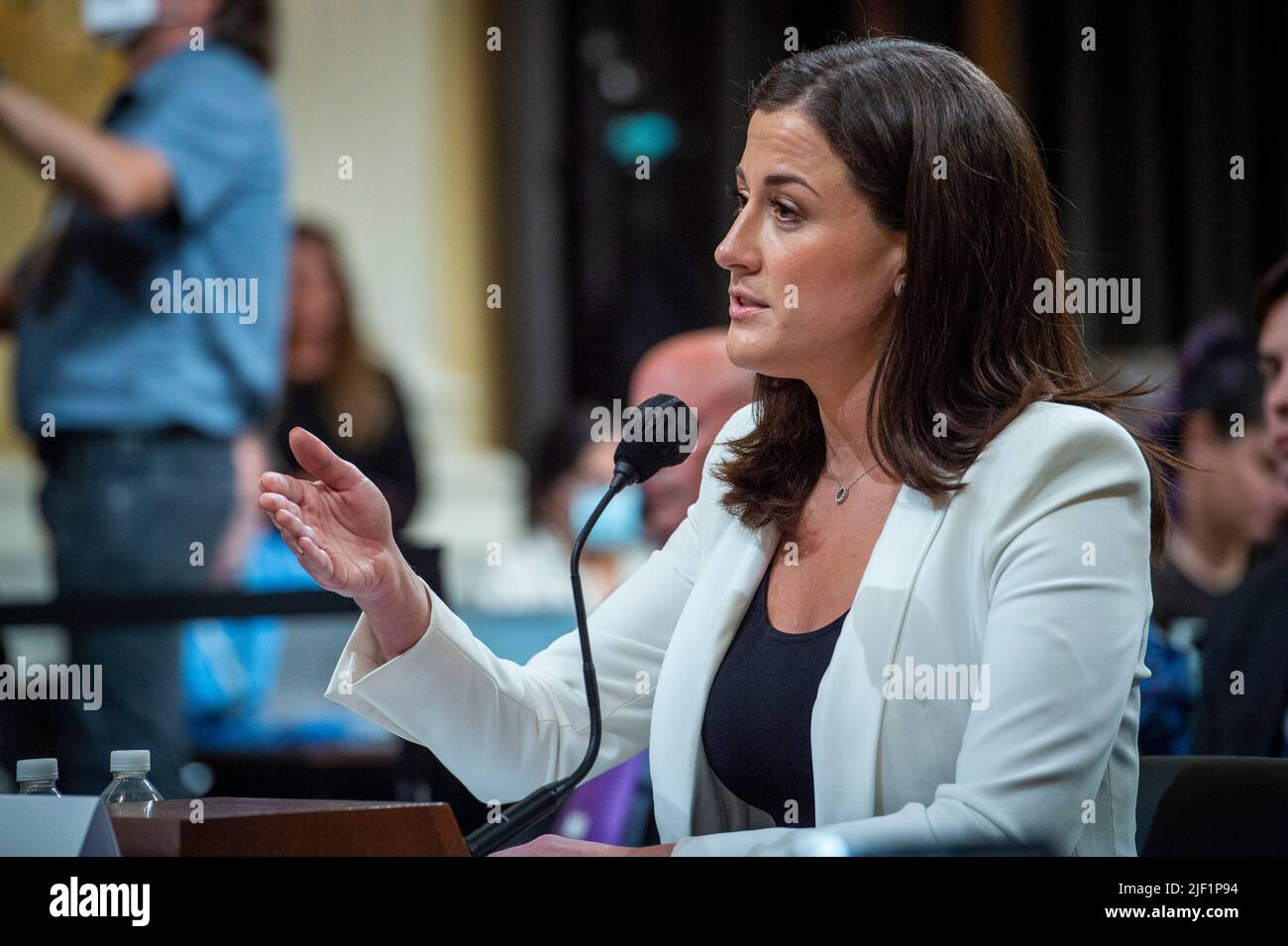 Cassidy Hutchinson, an aide to former White House Chief of Staff Mark Meadows, responds to questions on day six of the United States House Select Committee to Investigate the January 6th Attack on the US Capitol hearing on Capitol Hill in Washington, DC on June 28, 2022. Credit: Rod Lamkey/CNP Stock Photo