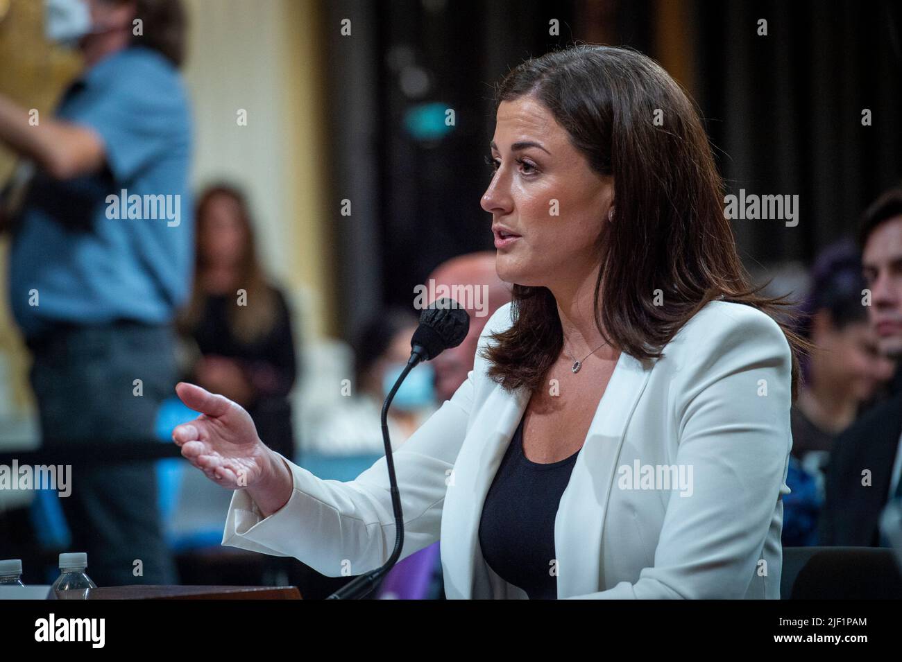 Cassidy Hutchinson, an aide to former White House Chief of Staff Mark Meadows, responds to questions on day six of the United States House Select Committee to Investigate the January 6th Attack on the US Capitol hearing on Capitol Hill in Washington, DC on June 28, 2022. Credit: Rod Lamkey/CNP Stock Photo