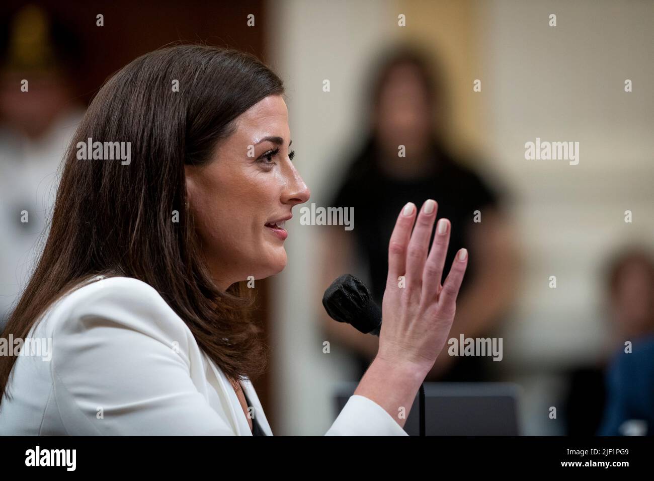 Cassidy Hutchinson, an aide to former White House Chief of Staff Mark Meadows, responds to questions on day six of the United States House Select Committee to Investigate the January 6th Attack on the US Capitol hearing on Capitol Hill in Washington, DC on June 28, 2022. Credit: Rod Lamkey/CNP /MediaPunch Stock Photo
