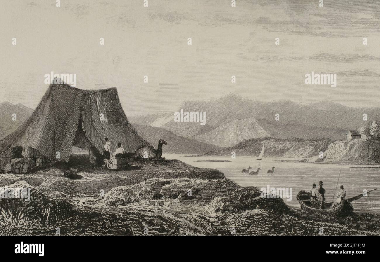 Ancient Armenia. Banks of the Kura River and its tributary, the Araks or Aras River (currently Turkish territory). Armenian Plateau. Engraving drawn by Vanderburch. Engraved by Lepetit.  "Panorama Universal. Historia de Armenia", 1838. Stock Photo