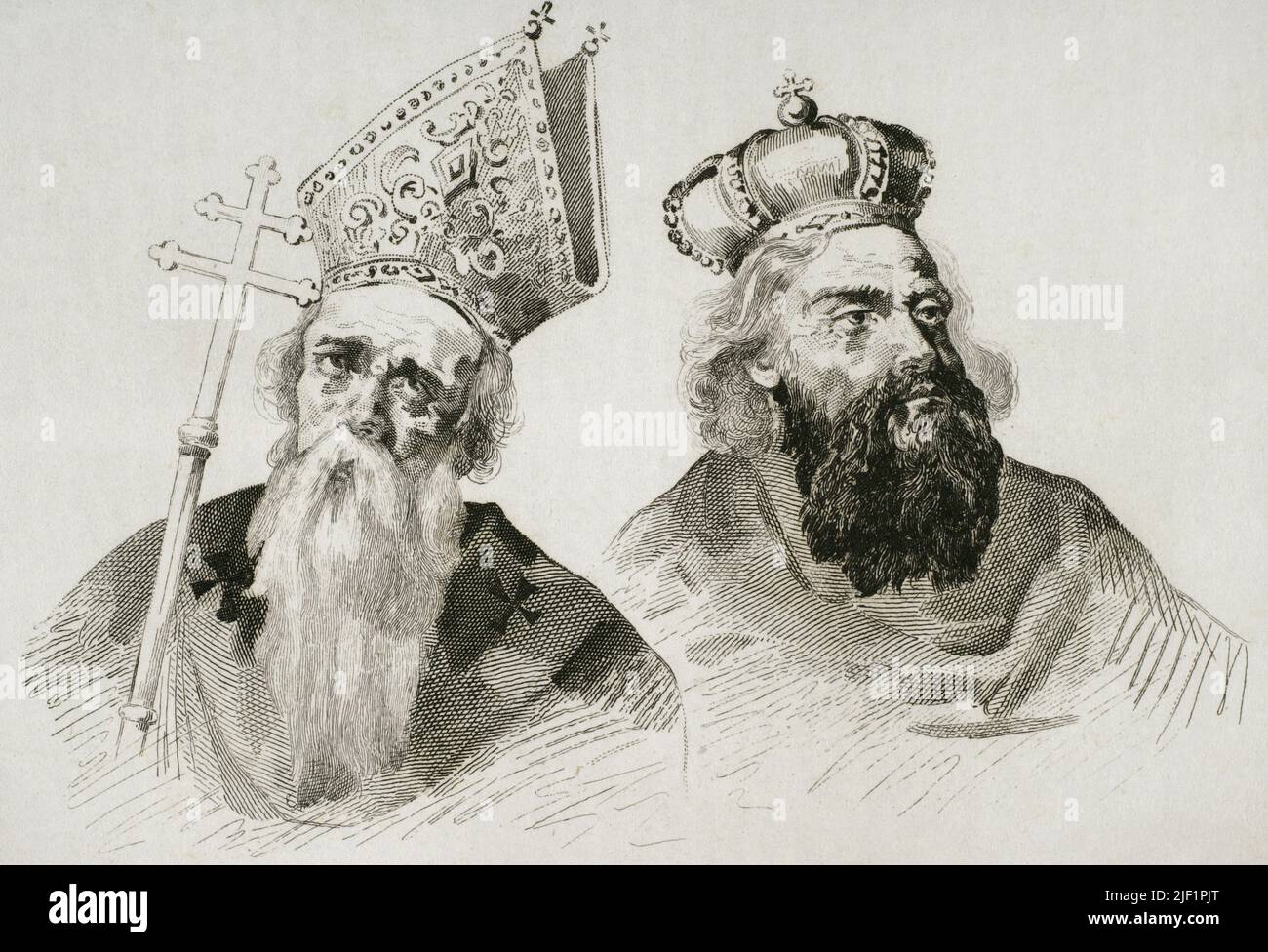 Saint Gregory Magister and Saint Gregory Vegaiaser. Armenian Apostolic Church. Engraving drawn by H. Lalaisse. Engraved by Moret. Lemaitre direxit. Engraving. 'Panorama Universal. Historia de Armenia', 1838. Stock Photo
