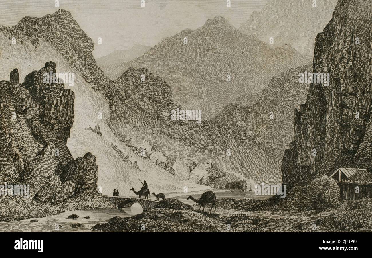 Ancient Armenia. Gate of Darial. Border between Georgia and Armenia. The Darial Gorge is one of only two passes through the Caucasus Mountains. At present this river gorge is the border between the territories of Russia and Georgia. Engraving by Vanderburch. Engraved by Cholet. Lemaitre direxit. 'Panorama Universal. Historia de Armenia', 1838. Stock Photo