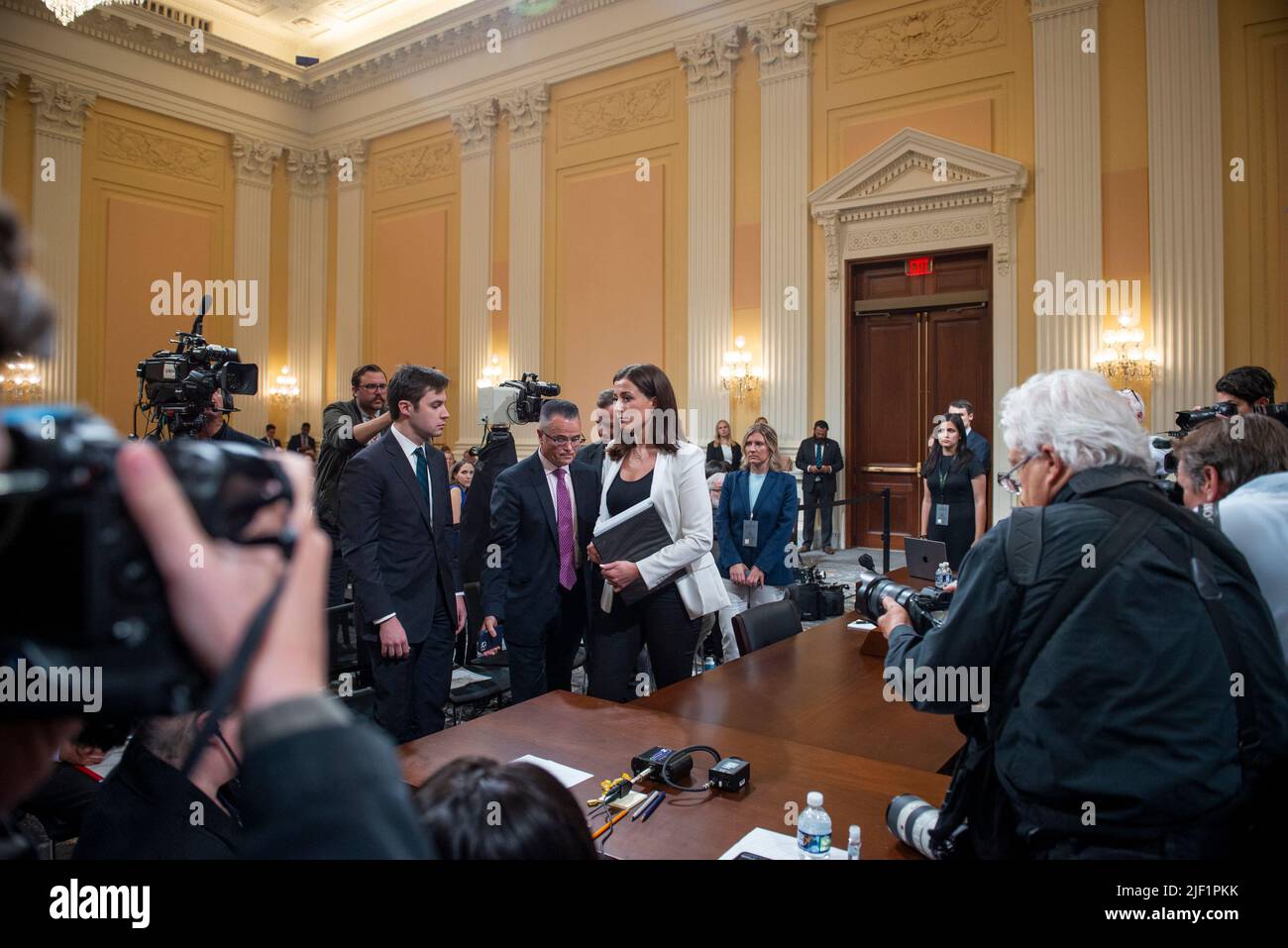 Cassidy Hutchinson, an aide to former White House Chief of Staff Mark Meadows, makes her departure following day six of the United States House Select Committee to Investigate the January 6th Attack on the US Capitol hearing on Capitol Hill in Washington, DC on June 28, 2022. Credit: Rod Lamkey/CNP /MediaPunch Stock Photo