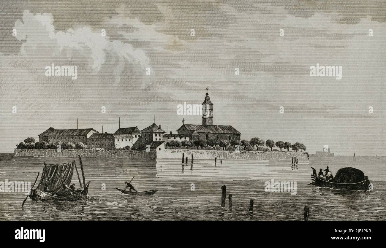 Venice, Italy. Monastery of Saint Lazarus of the Armenians. Founded in the 18th century by the Armenian Orthodox monk Mequitar. Engraving drawn by Vanderburch. Engraved by Cholet. 'Panorama Universal. Historia de Armenia', 1838. Stock Photo
