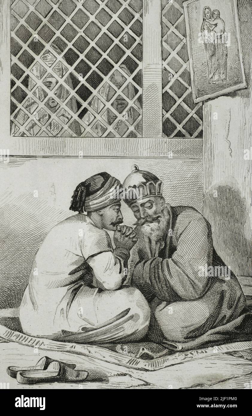 Armenia. Sacrament of reconciliation. Armenian bishop confessing to a faithful. Engraving drawn by Vernier. Engraved by Pigeot. Lemaitre direxit. Engraving. 'Panorama Universal. Historia de Armenia', 1838. Stock Photo