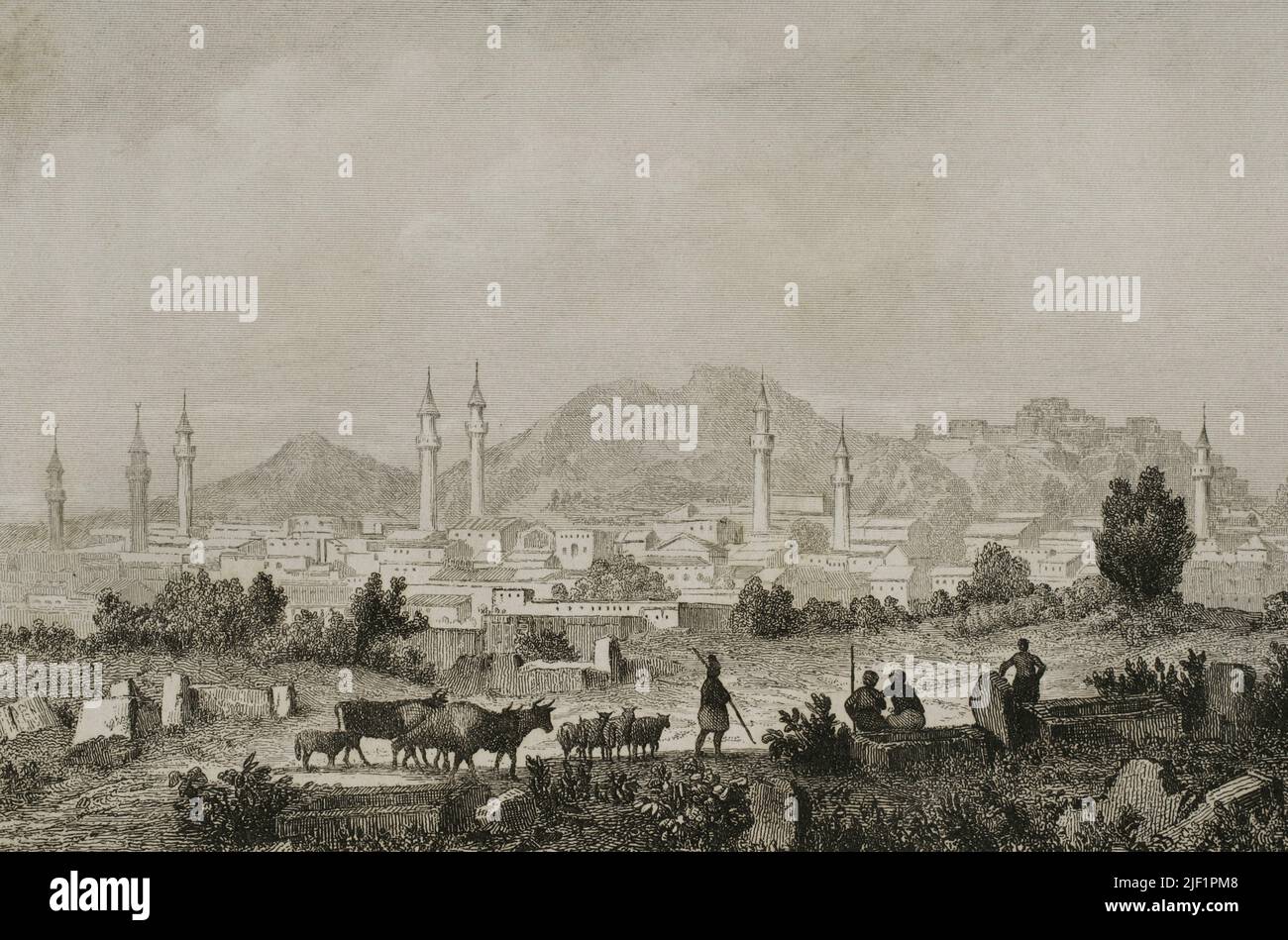 Turkey. Angora (currently Ankara). Panoramic view of the city. Engraving drawn by Préaux. Engraved by Alès. Lemaitre direxit. 'Panorama Universal. Historia de Armenia', 1838. Stock Photo