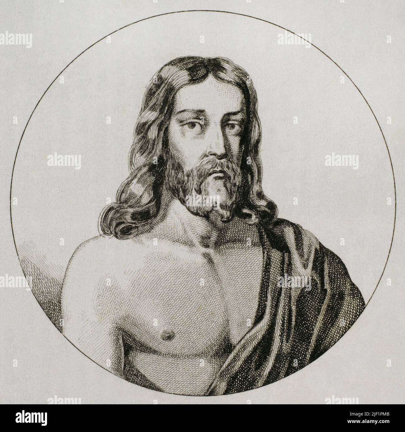 Jesus of Nazareth. Portrait of Jesus Christ delivered to the King Abgar V of Edessa. Engraving drawn by Vernier. Engraved by Lesueur. 'Panorama Universal. Historia de Armenia', 1838. Stock Photo