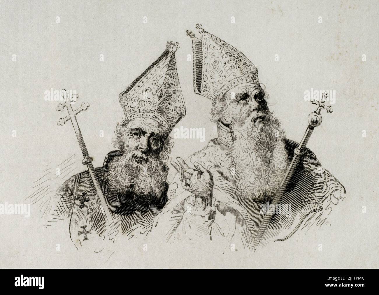 St. Gregory the Enlightener (257-ca. 330) (left of the image). Founder and patron saint of the Armenian Apostolic Church. On the right, his son: Arisdagés. Armenian prelate and martyr. Engraving drawn by H. Lalaisse. Engraved by Moret. 'Panorama Universal. Historia de la Armenia', 1838. Stock Photo