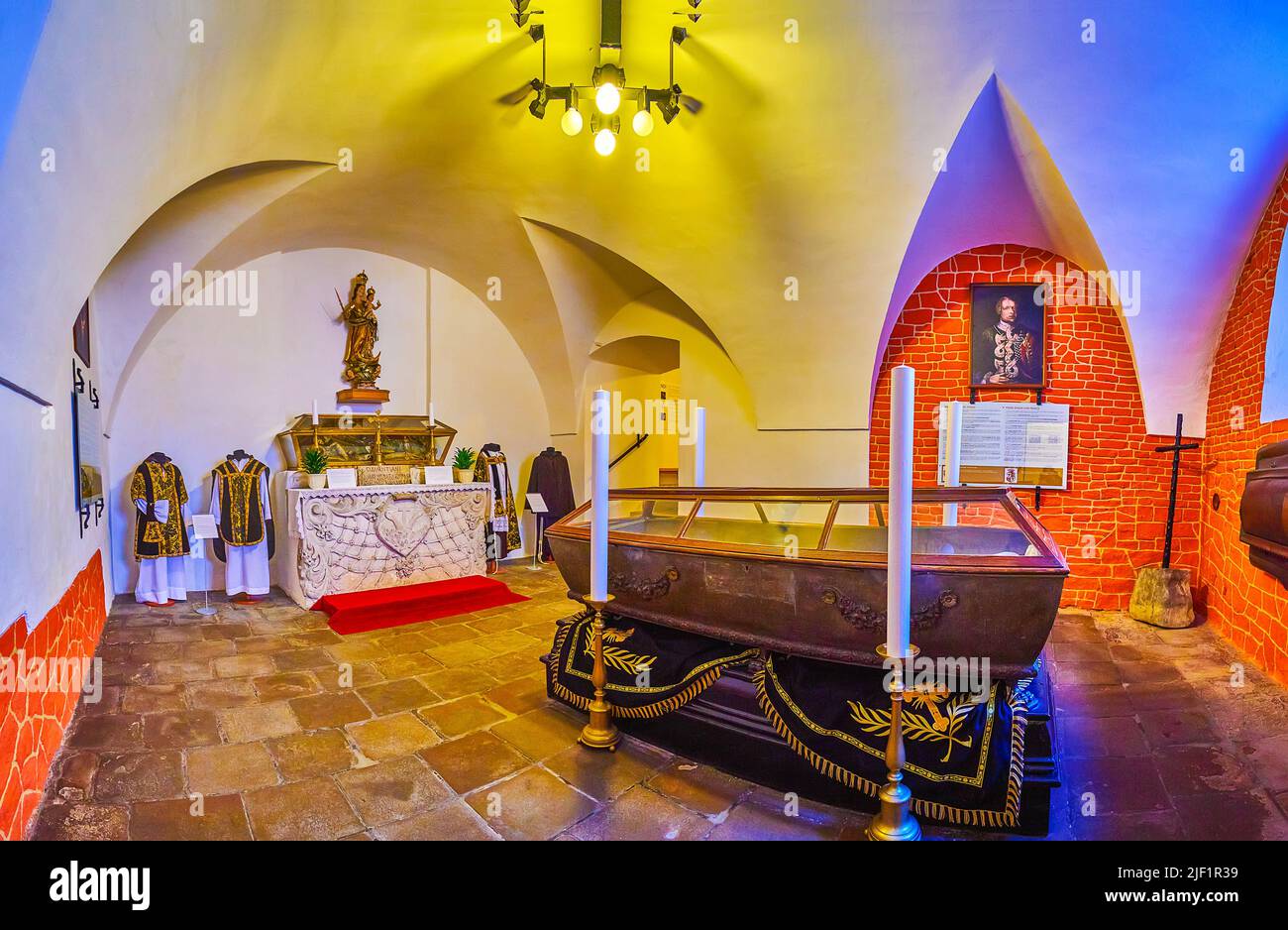 BRNO, CZECH REPUBLIC - MARCH 10, 2022: Panorama of the hall of Capuchin Tomb with the coffin of Frantisek Baron Trenck, on March 10 in Brno, Czech Rep Stock Photo