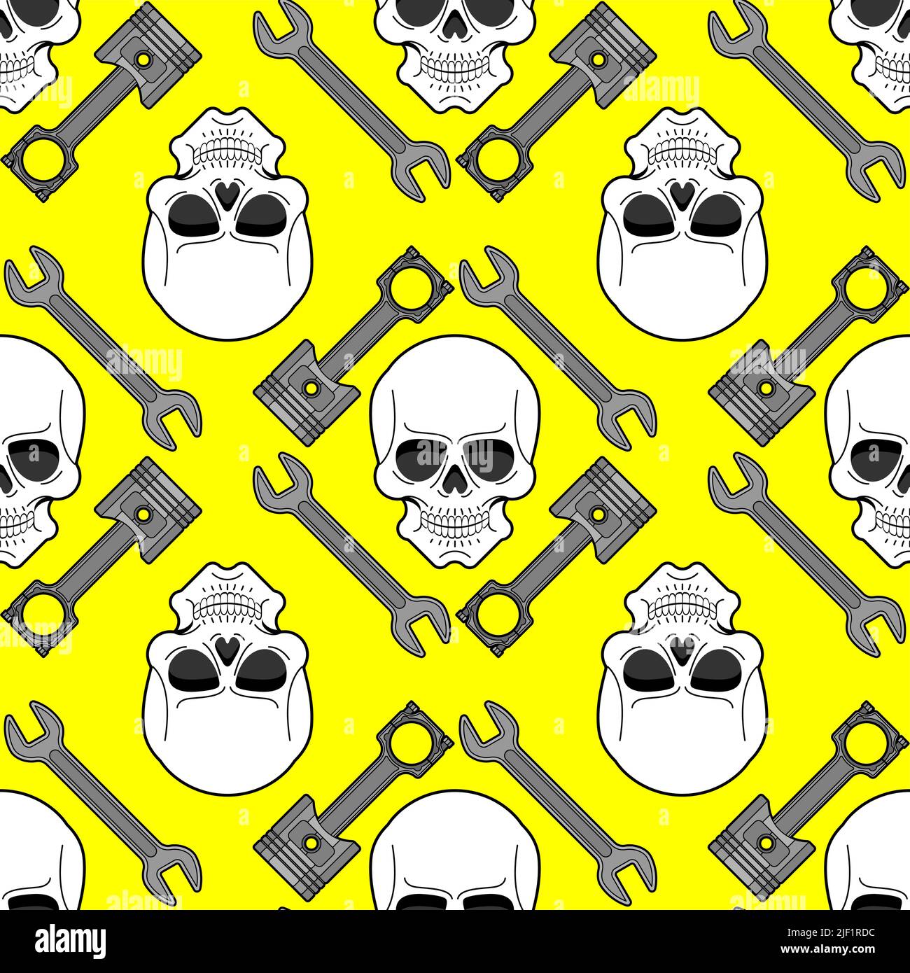 Skull and Engine piston pattern seamless. motorcycle pistons background. Car workshop texture Stock Vector