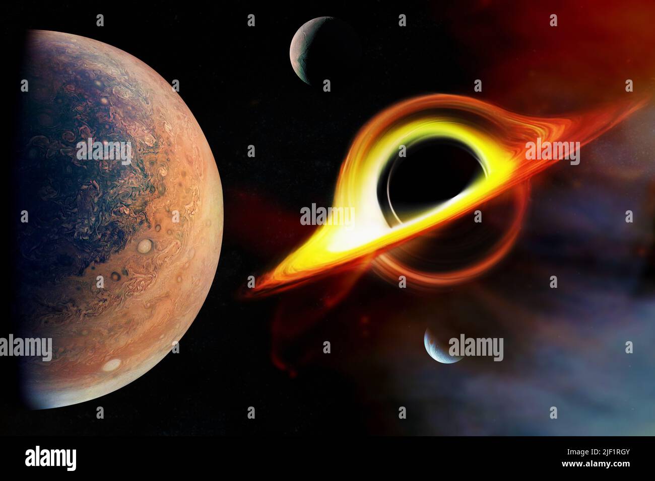 Black hole with Pluto planet in deep space. Elements of this image furnished by NASA. Stock Photo