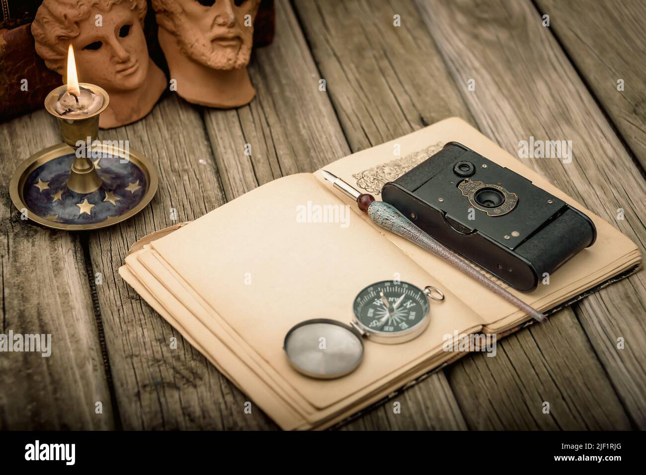 Traveler's accessories and costume on wooden background with copy space , travel concept. Stock Photo