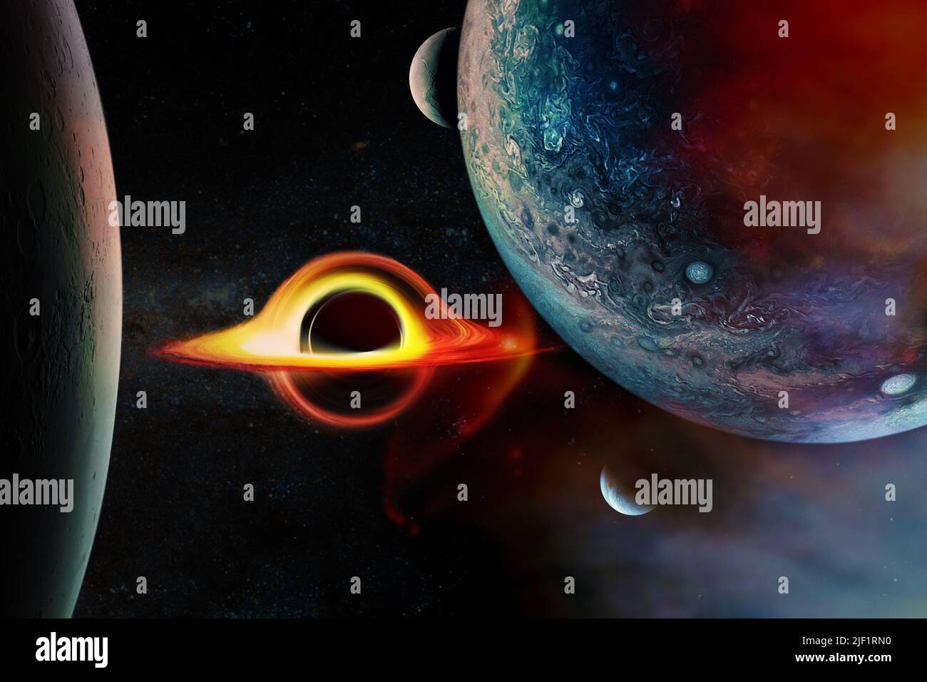 Black hole with alient planets in deep space. Elements of this image furnished by NASA. Stock Photo