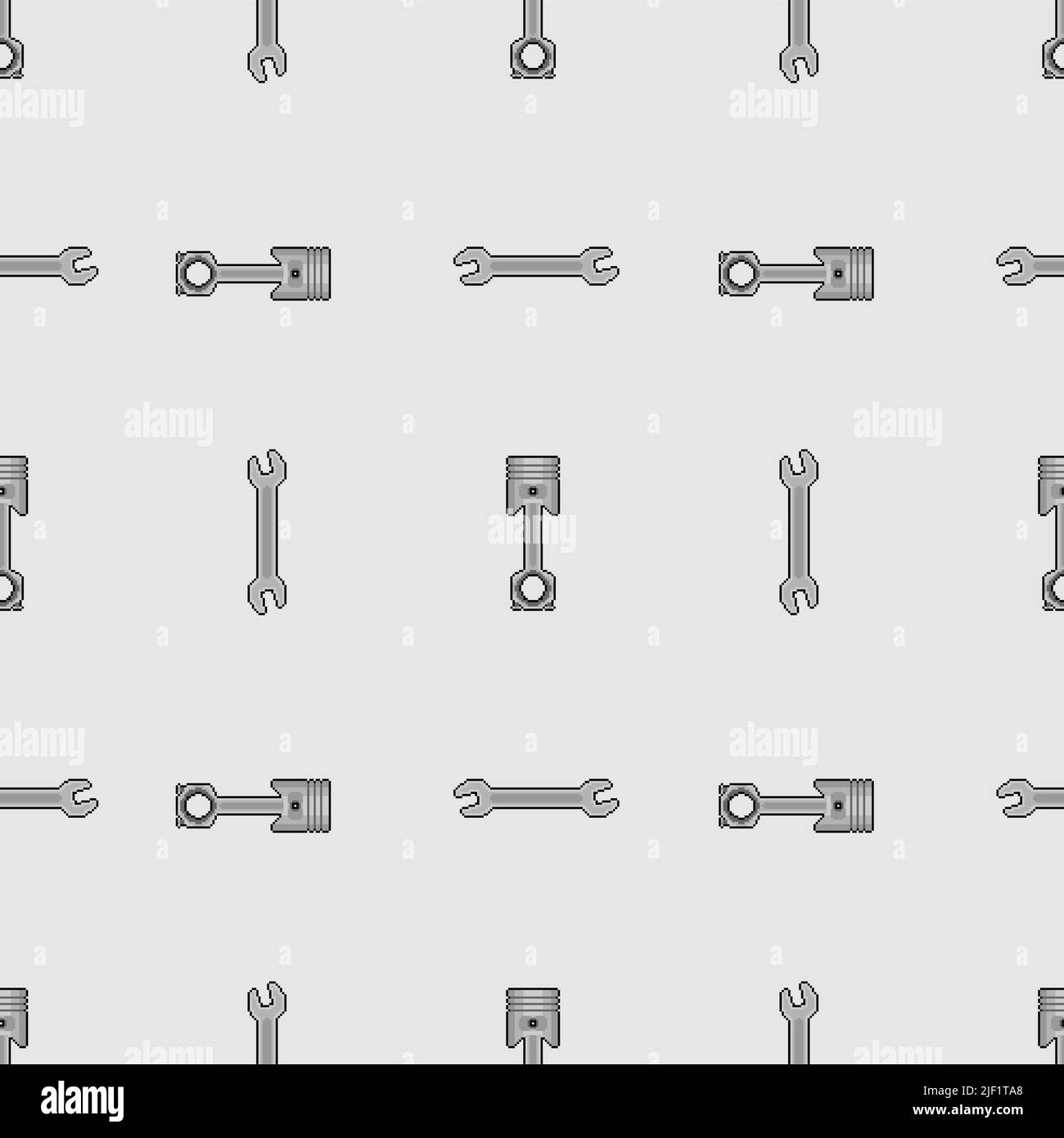 Engine piston and Wrench pixel art pattern seamless. 8 bit motorcycle pistons background. pixelated Car workshop texture Stock Vector