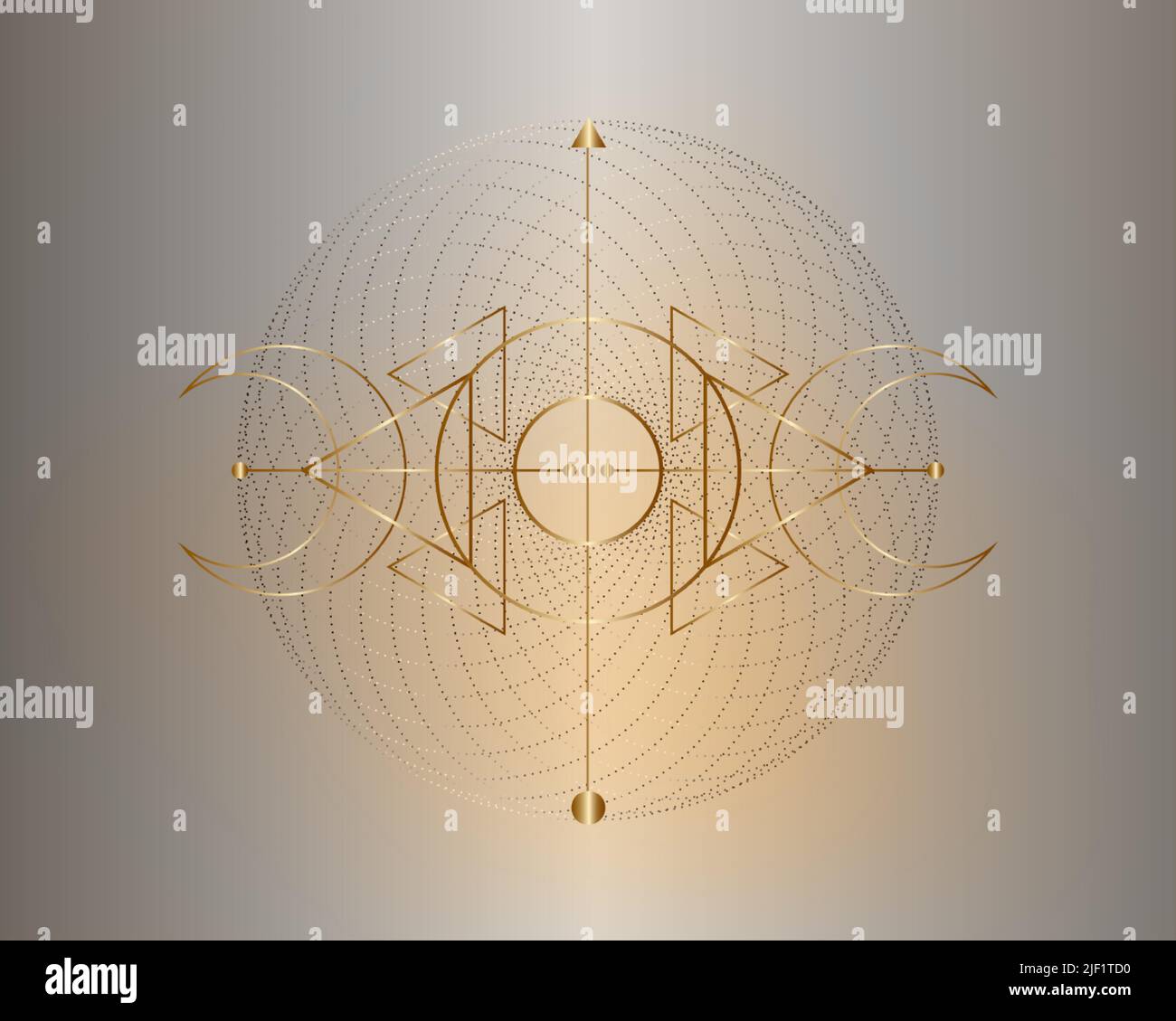 Magic Triple Moon. Gold symbol of the Viking deity, Celtic Sacred Geometry, Wiccan logo, alchemy esoteric triangles. Spiritual occultism object vector Stock Vector