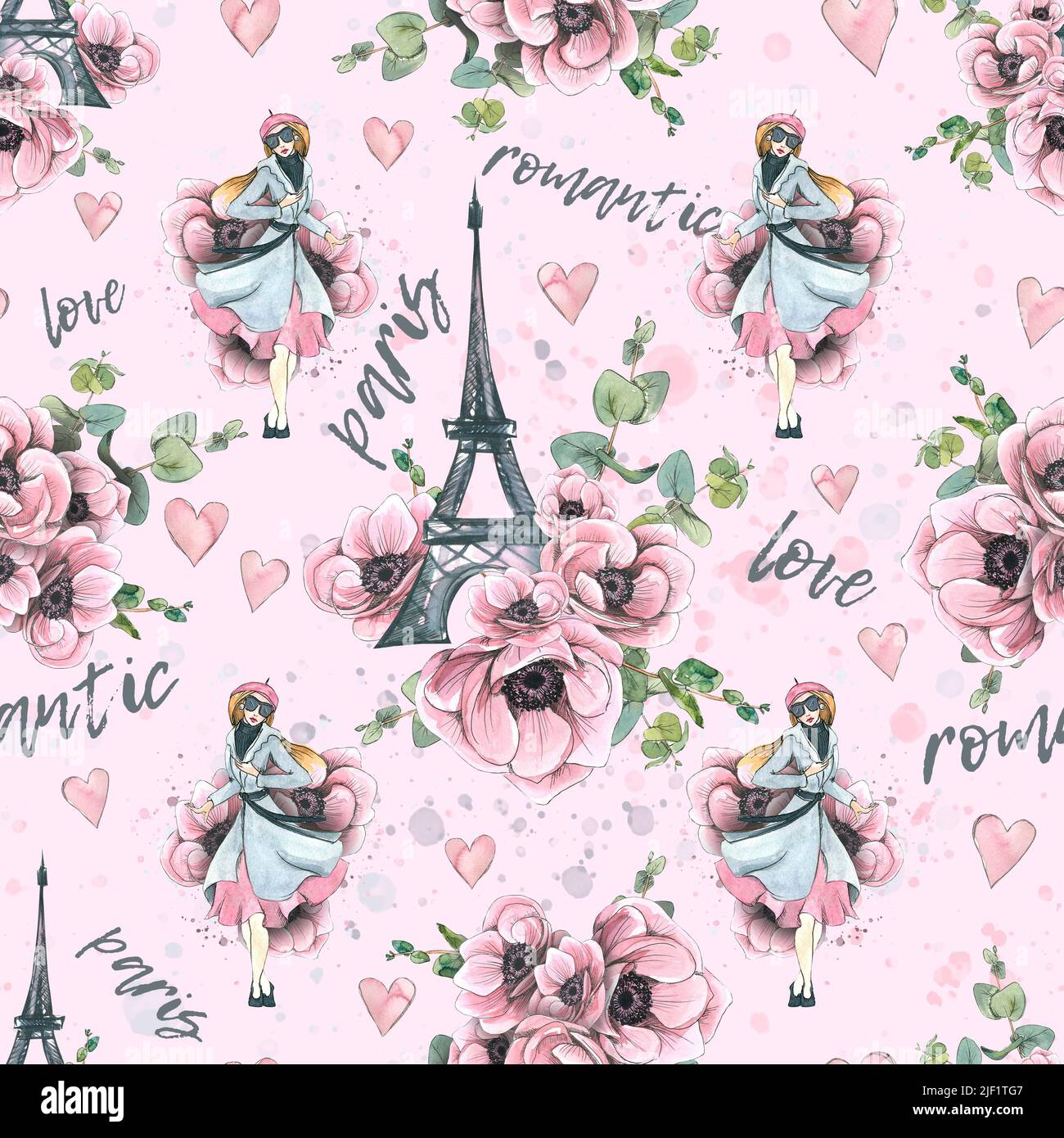 Eiffel Tower with anemone flowers, eucalyptus twigs and Parisian. Watercolor illustration in sketch style with graphic elements. Seamless pattern from Stock Photo