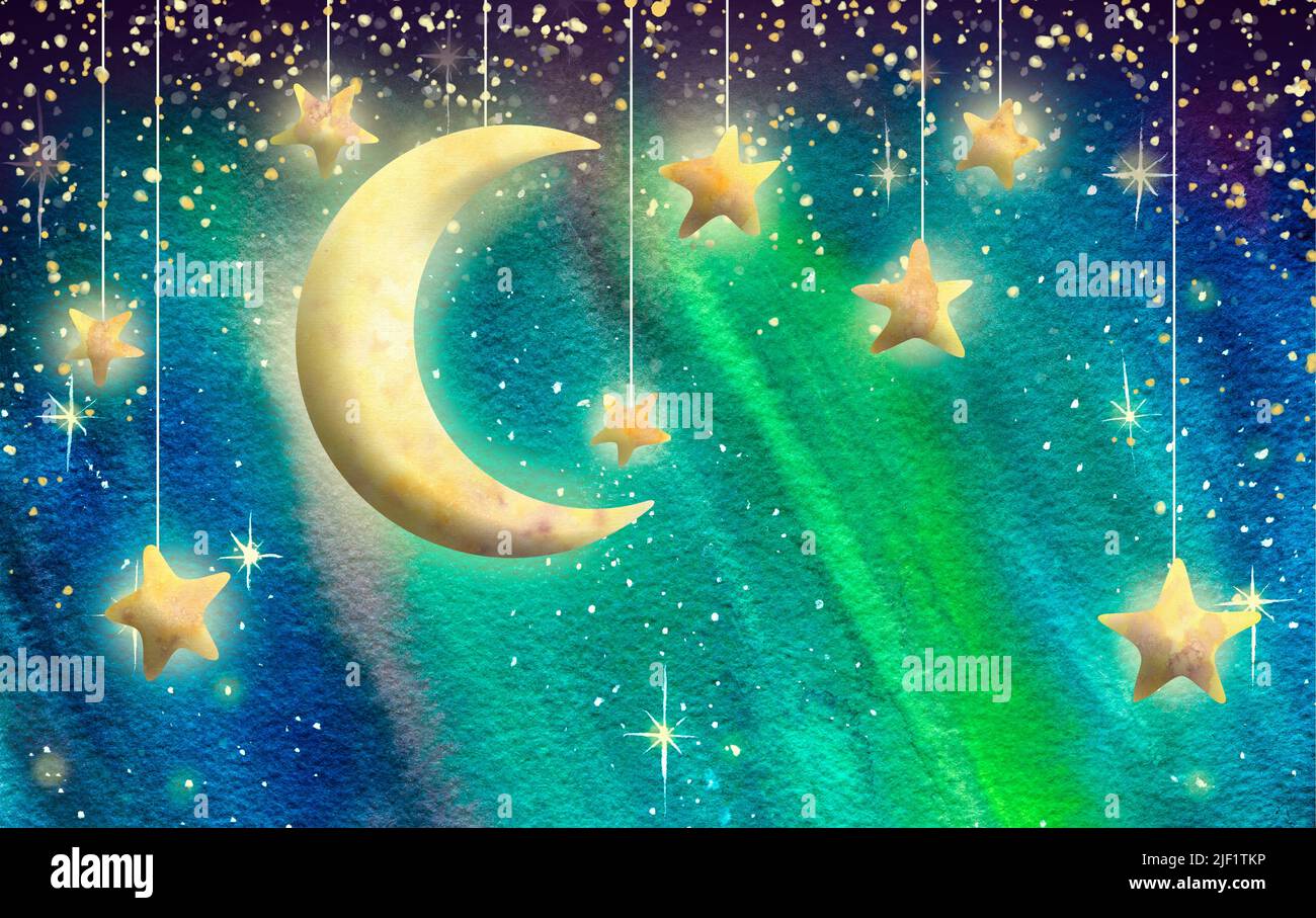 Horizontal frame on the background of the northern lights with the moon