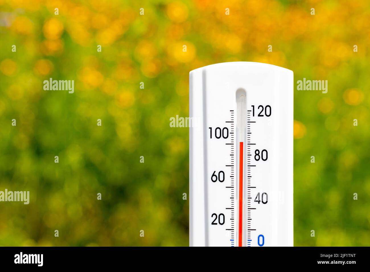 Thermometer Outside The Window Shows Very High Temperature Stock