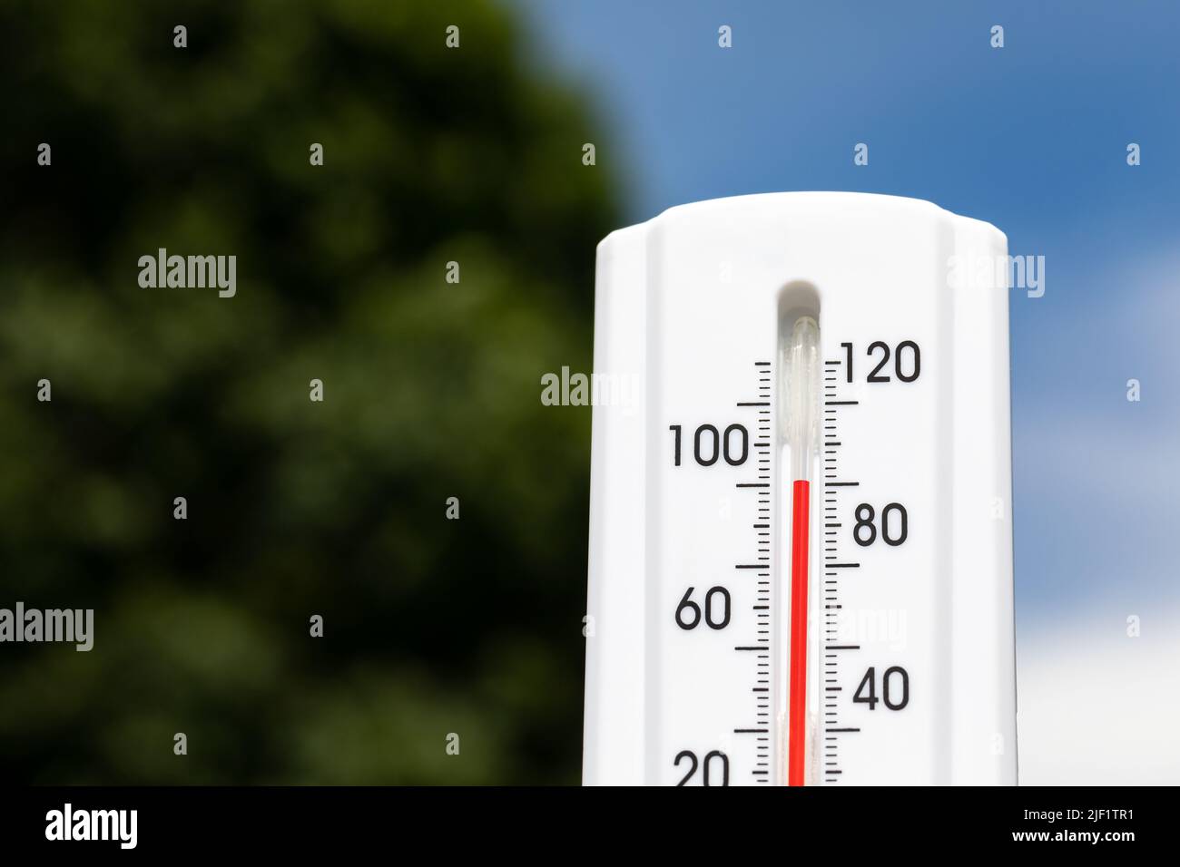 Outdoor thermometer in the sun during heatwave with trees and sky in background. Hot weather, high temperature and heat warning concept. Stock Photo