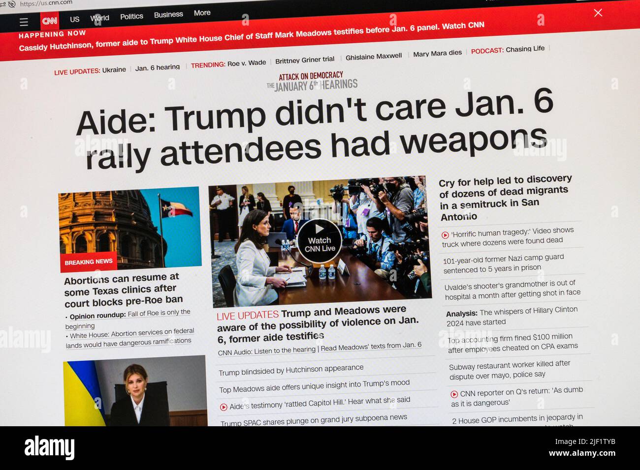 'Trump didn't care Jan 6 rally attendees had weapons' headline on CNN News website with breaking news of the 6th January Committee, 28th June 2022. Stock Photo
