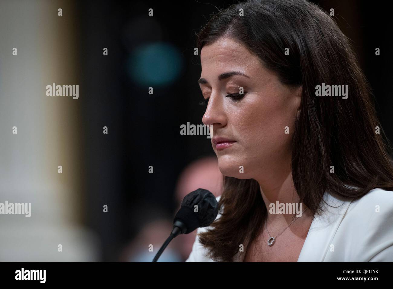 Washington, United States Of America. 28th June, 2022. Cassidy Hutchinson, an aide to former White House Chief of Staff Mark Meadows sits at the witness table on day six of the United States House Select Committee to Investigate the January 6th Attack on the US Capitol hearing on Capitol Hill in Washington, DC on June 28, 2022. Credit: Rod Lamkey/CNP/Sipa USA Credit: Sipa USA/Alamy Live News Stock Photo