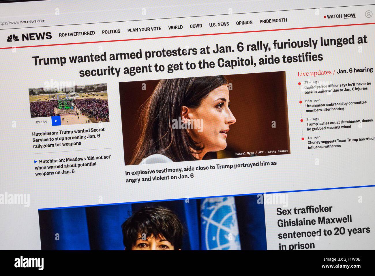 'Trump wanted armed protesters at Jn 6th rally...' NBC headline on website with breaking news of the 6th January Committee, 28th June 2022. Stock Photo