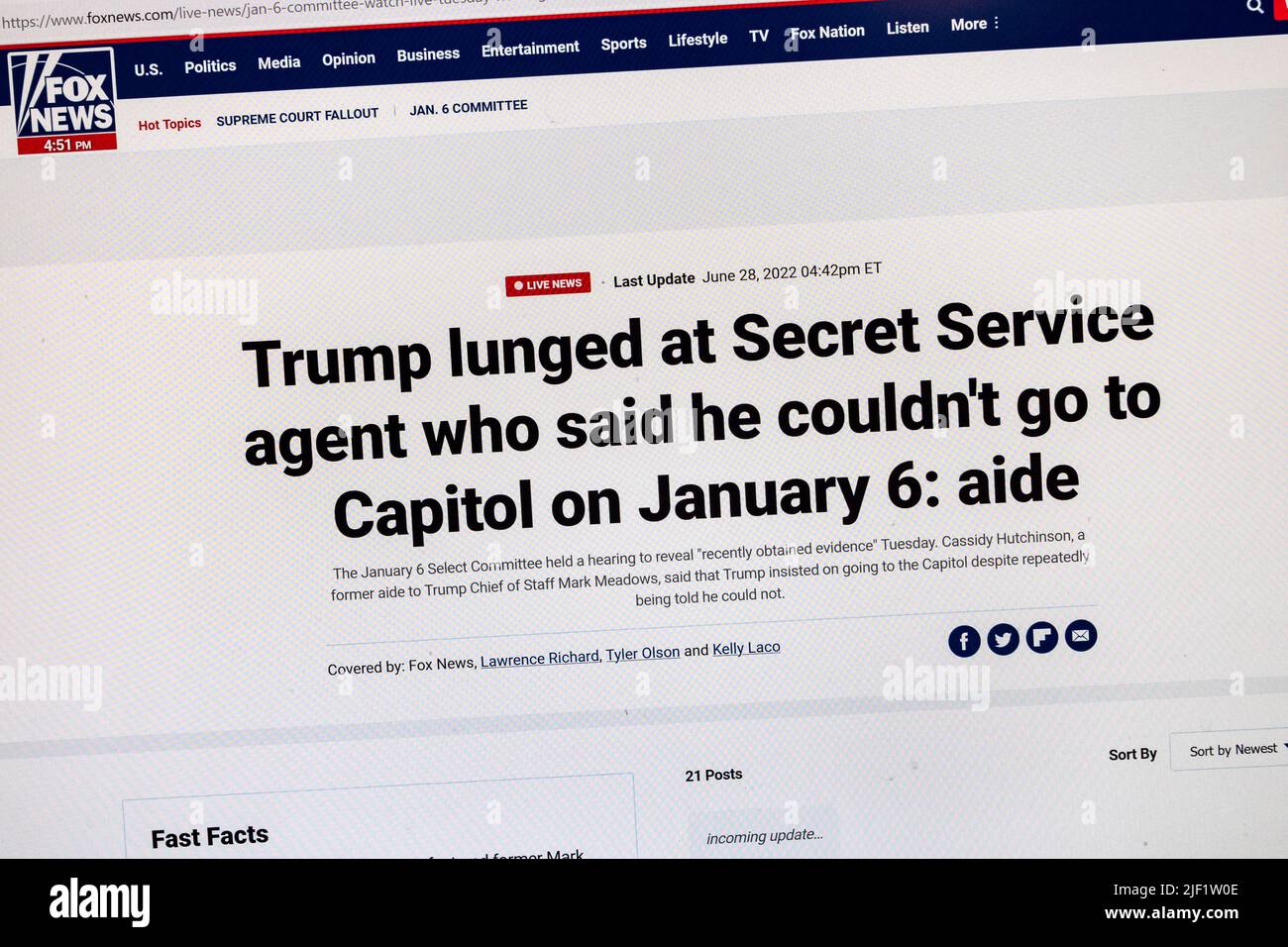 'Trump lunged at Secret Service...' headline on Fox News website with breaking news of the 6th January Committee, 28th June 2022. Stock Photo