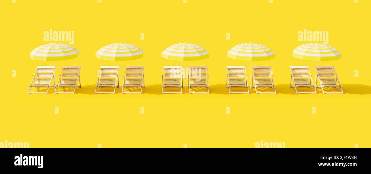 Summer beach chairs on yellow background. Creative summer travel concept idea 3D Render 3D illustration Stock Photo