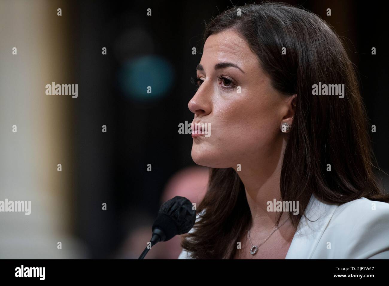 Washington, United States Of America. 28th June, 2022. Cassidy Hutchinson, an aide to former White House Chief of Staff Mark Meadows sits at the witness table on day six of the United States House Select Committee to Investigate the January 6th Attack on the US Capitol hearing on Capitol Hill in Washington, DC on June 28, 2022. Credit: Rod Lamkey/CNP/Sipa USA Credit: Sipa USA/Alamy Live News Stock Photo