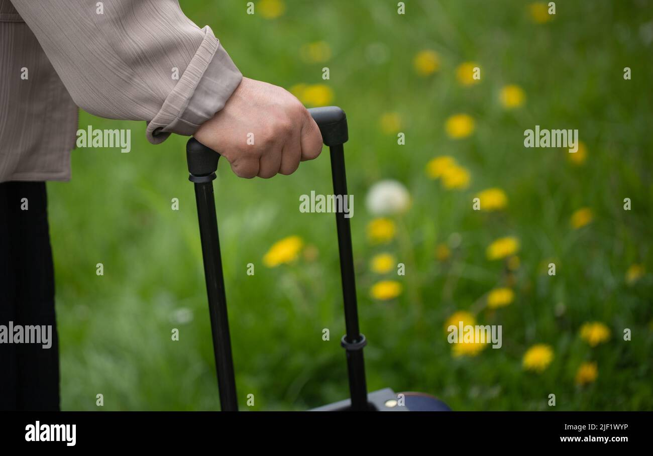Hand holding a trolley bag handle against green grass Stock Photo Alamy